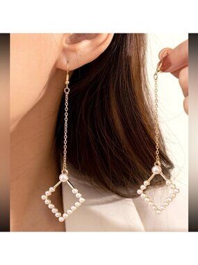 GOLD Faux Pearl Triangle Drop Earrings